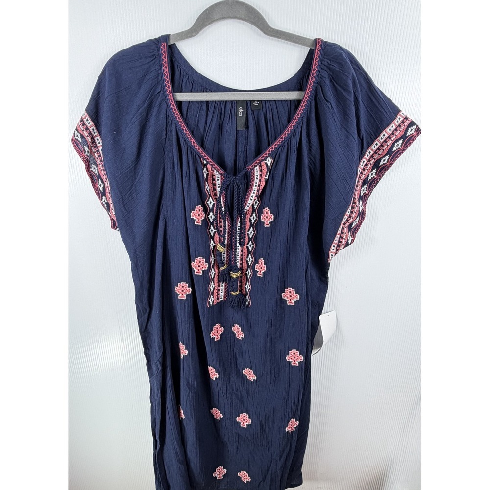 Ellos Womens Top Size 14 16 M Navy Cotton Embroidered Boho Tassel Tunic Festival